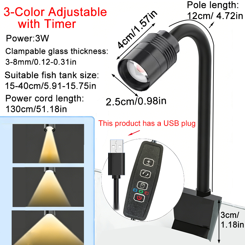 Aquarium Plant Grow Light - Lámpara LED USB de 3W para